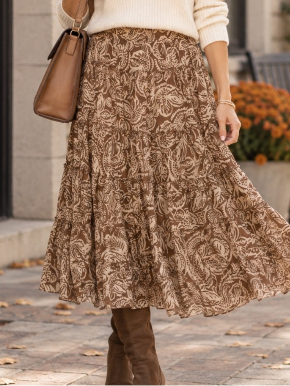 Allison Taylor Tiered Midi Skirt M Brown Taupe Botanical Boho Flowy Tiered Med
